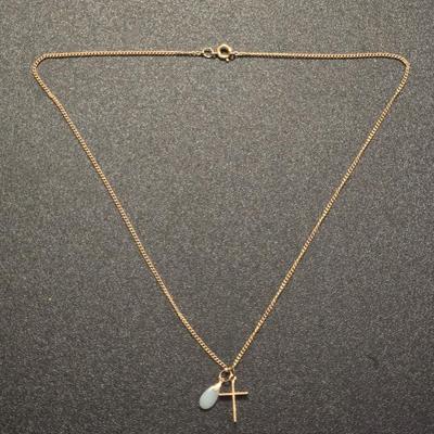 Gold Tone Cross & Jade Necklace