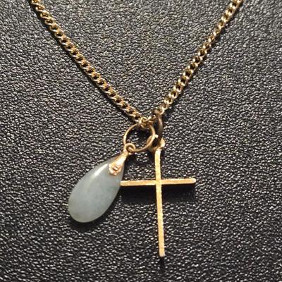 Gold Tone Cross & Jade Necklace