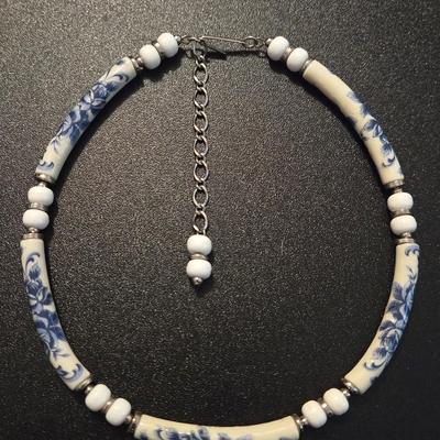 Porcelain Blue Rose Bead Choker