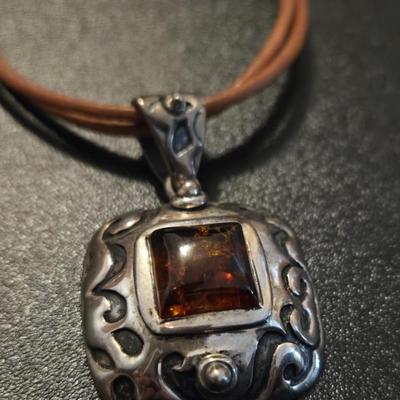 Brown Leather, Sterling, and Amber Necklace