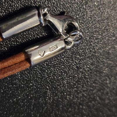 Brown Leather, Sterling, and Amber Necklace