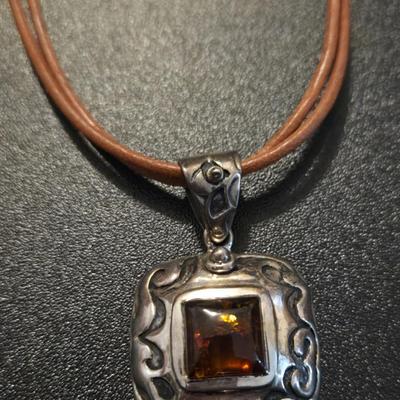 Brown Leather, Sterling, and Amber Necklace