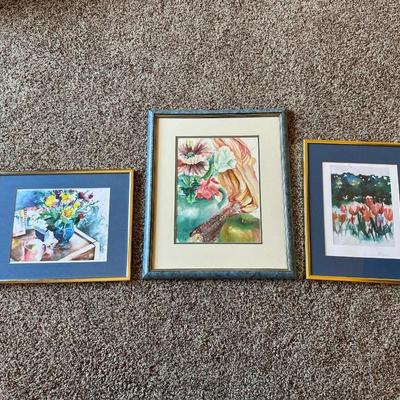3 - FLORAL SIGNED WATERCOLOR PAINTINGS