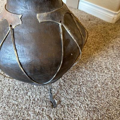 LARGE RAWHIDE BOUND CLAY POT ON IRON STAND