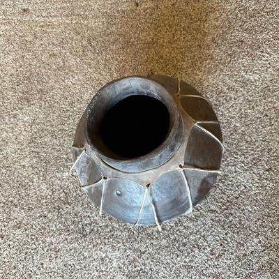 LARGE RAWHIDE BOUND CLAY POT ON IRON STAND