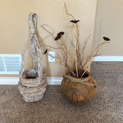 CLAY POT WITH FAUX FOLIAGE AND UNIQUELY WEAVED BASKET