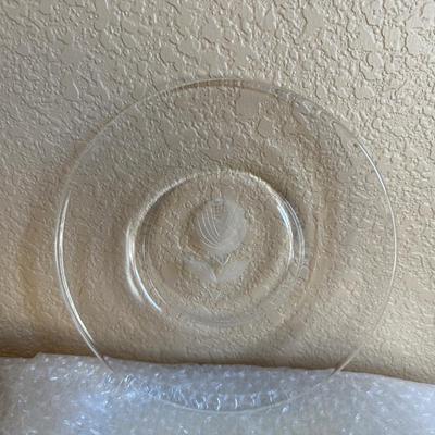 12 GLASS ROSE ETCHED LUNCH PLATES AND A BOWL IN A FRAME