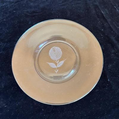 12 GLASS ROSE ETCHED LUNCH PLATES AND A BOWL IN A FRAME