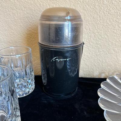 CAPRESSO COFFEE GRINDER, 7 GLASS MUGS, GLASS SALT & PEPPER SHAKERS AND MORE