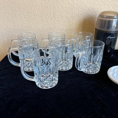 CAPRESSO COFFEE GRINDER, 7 GLASS MUGS, GLASS SALT & PEPPER SHAKERS AND MORE