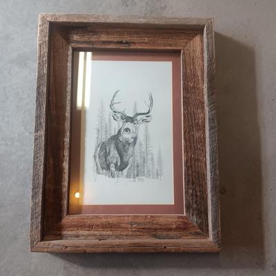 A PHOTO AND SKETCH OF ELK IN BARN WOOD FRAMES