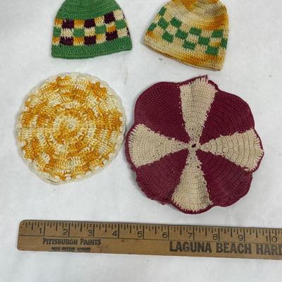 Vintage Knit Potholder, Coaster, and 2 doll hats