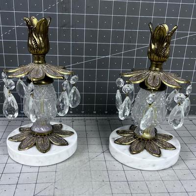 Brass, Glass & Marble Hollywood Regency Candle Sticks