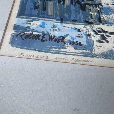 Robert E Wood Limited Serigraph Framed under Glass Title St. Marks and Pigeons Artist Signed. 