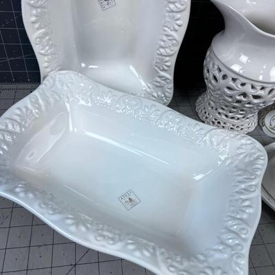 White Ceramic Serving Ware; Bowls, Pitcher, etc.