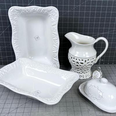 White Ceramic Serving Ware; Bowls, Pitcher, etc.