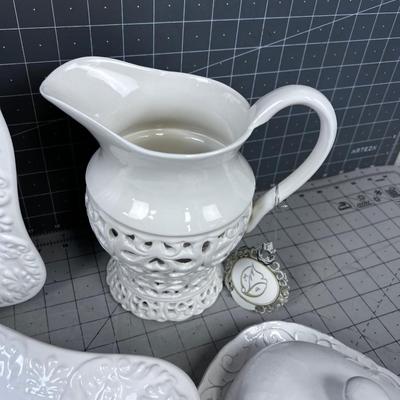 White Ceramic Serving Ware; Bowls, Pitcher, etc.