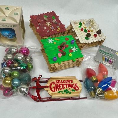 Vintage Christmas Hodgepodge Lot - handmade trinket boxes, miniature sled, miniature ornaments and old light bulbs