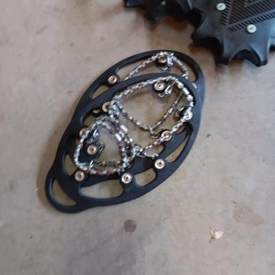 LARGE ZIPPERED BAG, TIRE CHAINS, 2 SLIP ON SHOES ICE GRIPS, AUTO AIR COMPRESSOR