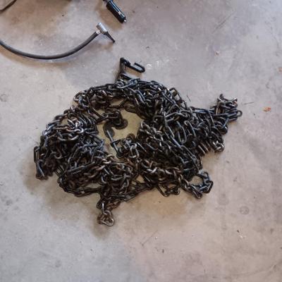 LARGE ZIPPERED BAG, TIRE CHAINS, 2 SLIP ON SHOES ICE GRIPS, AUTO AIR COMPRESSOR