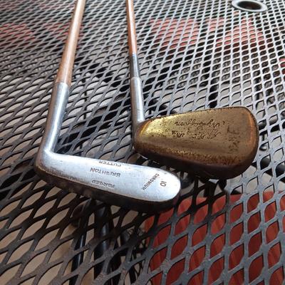 #7 AND A PUTTER GOLF CLUBS WITH WOODEN SHAFTS