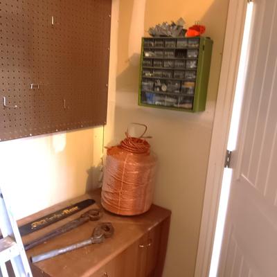 MULTI DRAWER HARDWARE ORGANIZER, HUGE SPOOL OF TWINE AND 2 RATCHETS