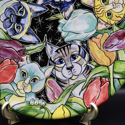 Signed Floral & Cat Platter