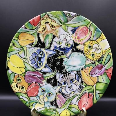 Signed Floral & Cat Platter