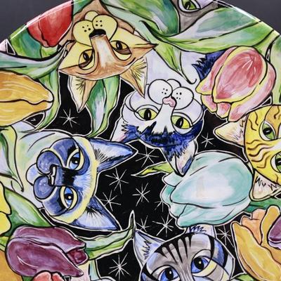 Signed Floral & Cat Platter