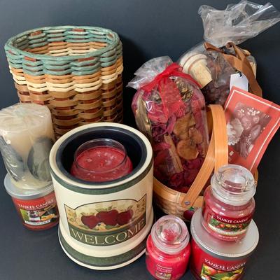 LOT 3: Hand Crafted Utensil Basket, Yankee Candles, Electric Jar Candle Warmer & Potpourri