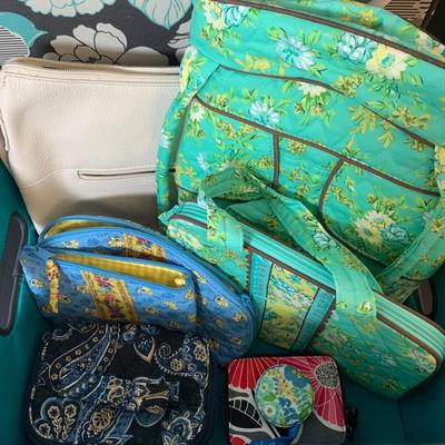 LOT 11: Floral Storage Tote with a Stone Mountain Leather Handbag, Cosmetic Bags & an Overnight Bag