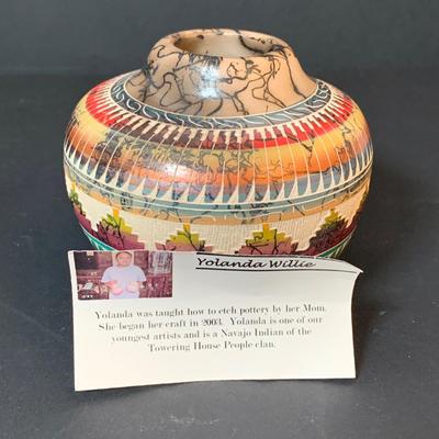 LOT 16: Signed Hand Etched Navajo Pottery & Native American Basket