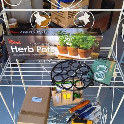 LOT 30: Garden Collection- Folding Metal Shelf, Gardening Tools, Plant Pots & More