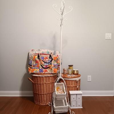 LOT 46: Beach Collection- Goin Coastal Tote, Metal Coat Rack, Wicker Laundry Baskets & More
