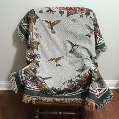 LOT 48: Hitchcock-Style Vintage Rocking Chair w/ Floral Pillows & Hummingbird Throw
