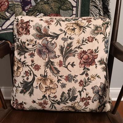 LOT 48: Hitchcock-Style Vintage Rocking Chair w/ Floral Pillows & Hummingbird Throw