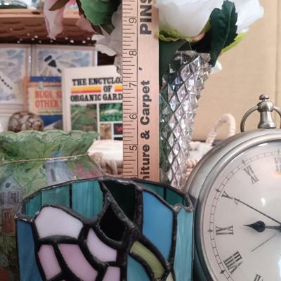 LOT 52: Time to Garden- Indiana Glass Co. Ivy Bowl, Ceramic Tiles & Animals, Vintage Godinger Alarm Clock & More
