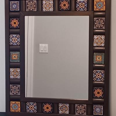 LOT 55: Tiled Mirror w/ Metal Frame, Wood & Ceramic Drawer Set, Walter StÃ¤hli Carved Bowl & More