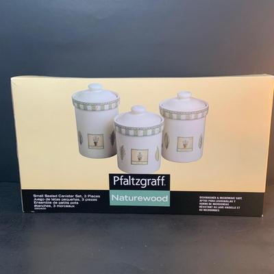 LOT:74: Pfaltzgraft Naturewood Canister Sets (The Small Set is in the Original Box) Oil & Vinegar Set: Flower Series Dipping Bowl, Fruit...