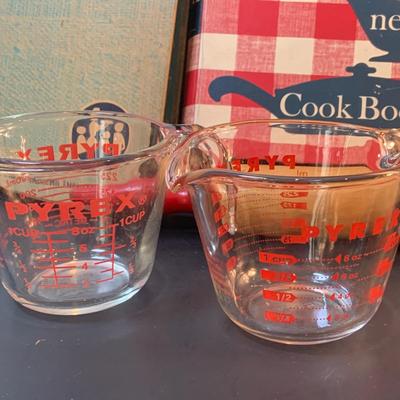 LOT:75: Retro Kitchen Collection with Pyrex Measuring Cups, Lidded Pyrex Bowls, Coke Salt & Pepper Shakers, Vintage Cookbooks, Rolling...