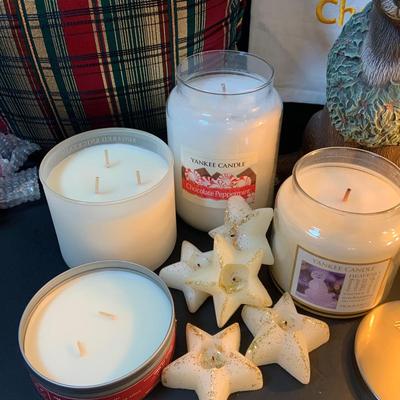 LOT:77: Christmas Collection with Seasonal Scented Yankee and Other Candles, a Winter Scene Small Table, Lamp, CDs Pillows and Much More