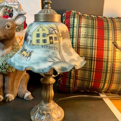 LOT:77: Christmas Collection with Seasonal Scented Yankee and Other Candles, a Winter Scene Small Table, Lamp, CDs Pillows and Much More
