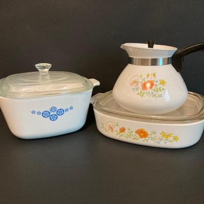 LOT 105: Vintage Corning Ware - Blue Snowflake Casserole and Wildflower Teapot / Casserole Dish