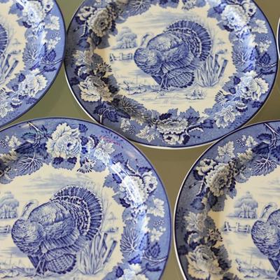 1930s Wood & Son Blue Turkey Plates - Set of Six