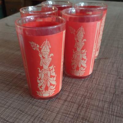 Set of Five Vintage Mid-Century Culver Red and Gold Thai Goddess Glasses