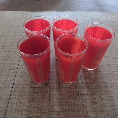 Set of Five Vintage Mid-Century Culver Red and Gold Thai Goddess Glasses