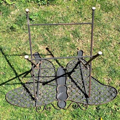 LOT 8 P: Wrought Iron Bench Glider w/ Cushion & Brushed Metal Butterfly Side Table