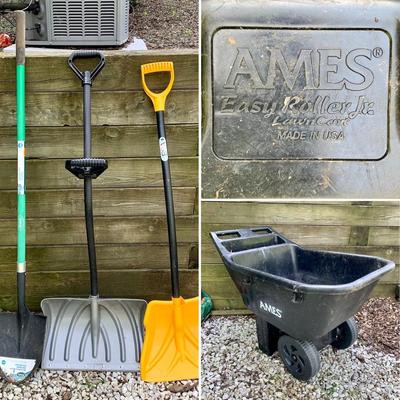 LOT 13 P: Ames Easy Roller Jr. Lawn Cart, Erapro Plastic Shovel, Suncast Snow Plastic Snow Shovel, & Scotts Round Point Shovel