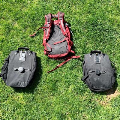 LOT 16 B: Trek Interchange Panniers 2 Biking Bags, Osprey Daylite Plus Backpack, SOL Rescue Flash Signal Mirror, All In Motion 32 oz...