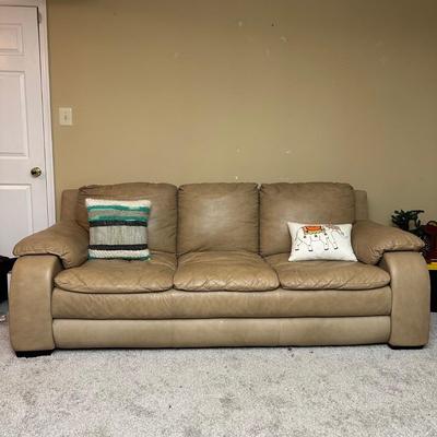 LOT 29B: Tan Leather Sofa w/ Throw Pillows